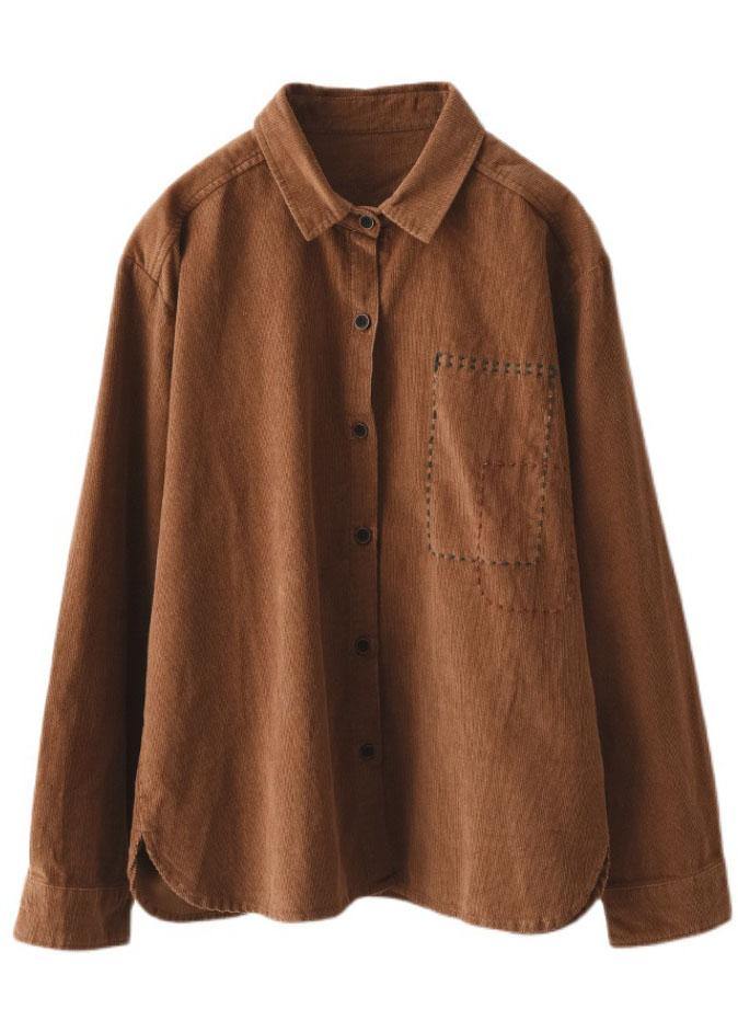 French Khaki Loose Embroideried Patchwork Fall Top Long Sleeve