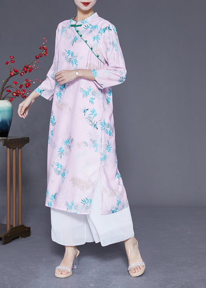 Light Pink Mandarin Collar Print Cotton Dresses Bracelet Sleeve