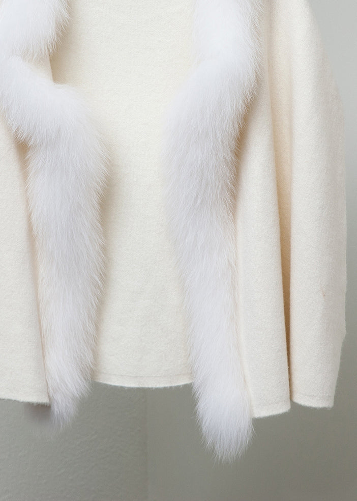 Beige Patchwork Woolen Winter Coat Fox Collar