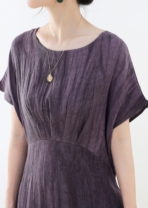 Purple O-neck Wrinkled Linen Long Dresses Short Sleeve
