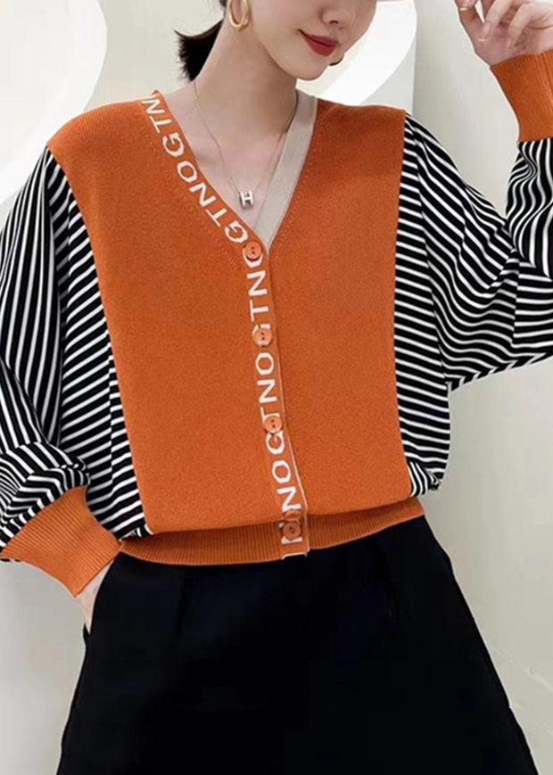 Yellow V Neck Striped Patchwork Button Knit Top Fall