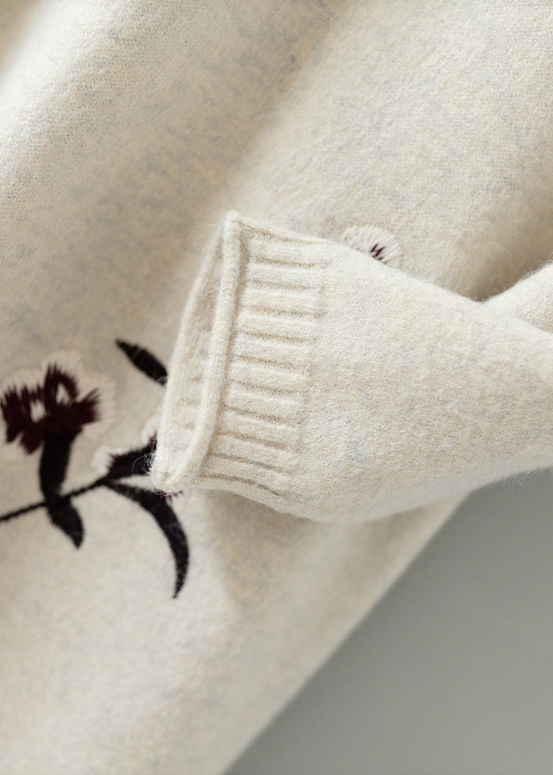 Apricot Stand Collar Embroideried Patchwork Woolen Knit Dress Fall