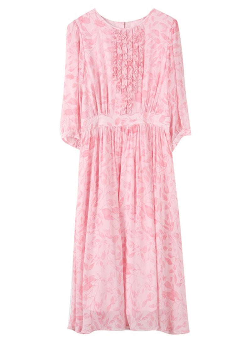Pink Ruffled Print Silk Dresses Half Sleeve