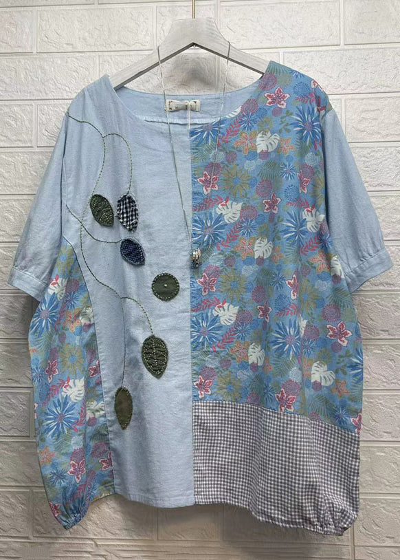 Light Blue Asymmetrical Print Patchwork Cotton T Shirts Short Sleeve