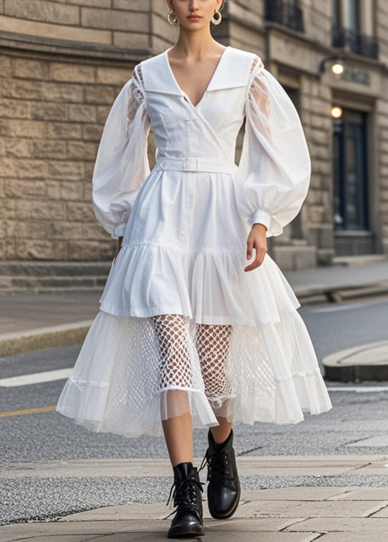 White V Neck Patchwork Tulle Cotton Dress Puff Sleeve