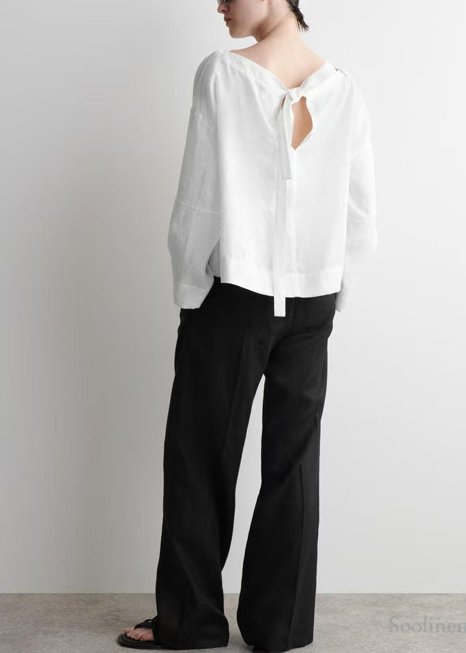 White Slash Neck Back Lace Up Linen Shirts Spring