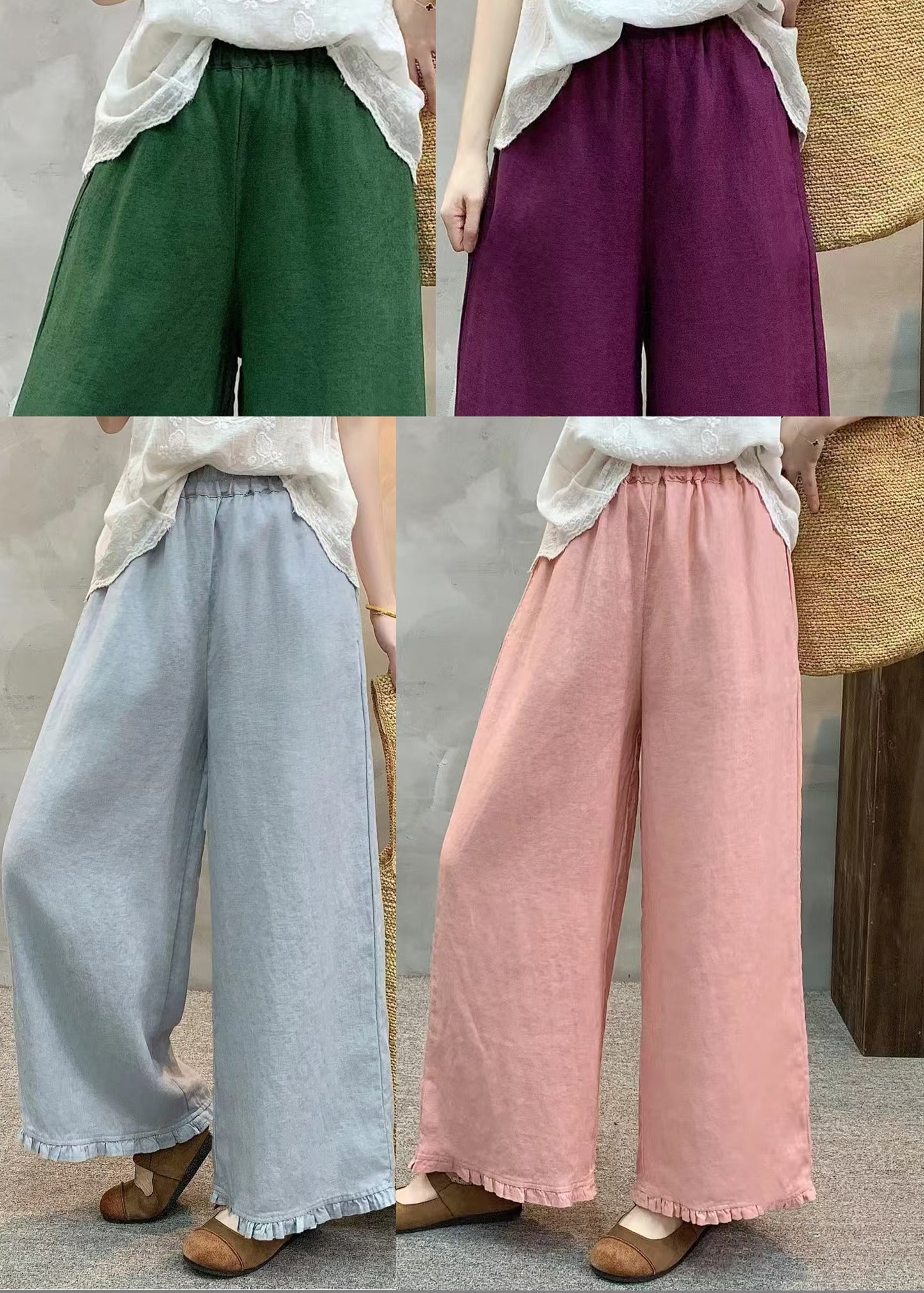 Light Blue Linen Wide Leg Pants Ruffled Summer