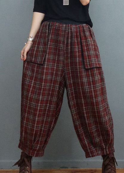 Fitted Red Plaid Pockets Lantern Pants Winter