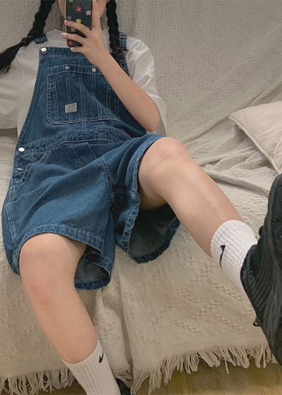 Blue Original Design Cotton Denim Jumpsuit Shorts Summer