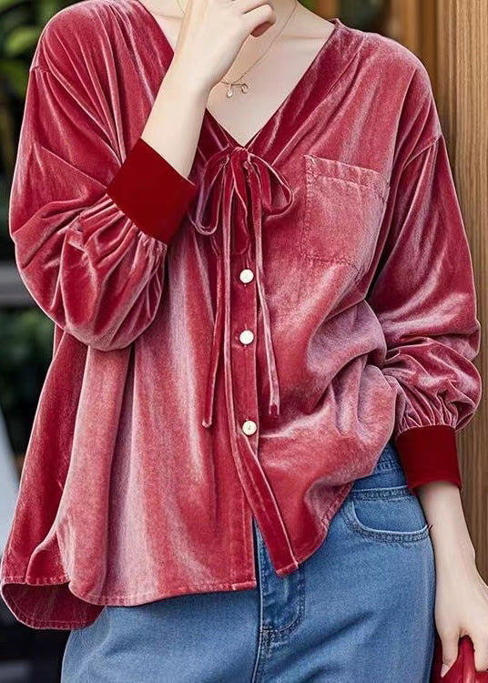 French Red V Neck Lace Up Button Velour Shirt Top Fall