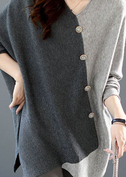 Grey Asymmetrical Patchwork Knit Shirt Winter