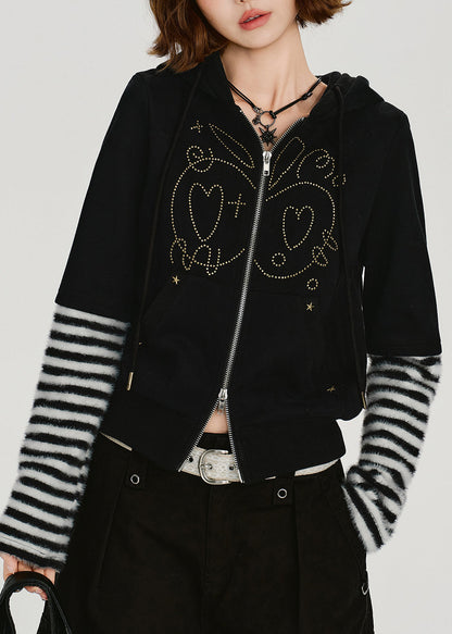 Black Zip Up Patchwork Cotton Hooded Coat Spring