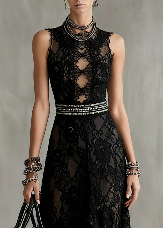 Black Hollow Out Side Open Lace Long Dresses Sleeveless Summer