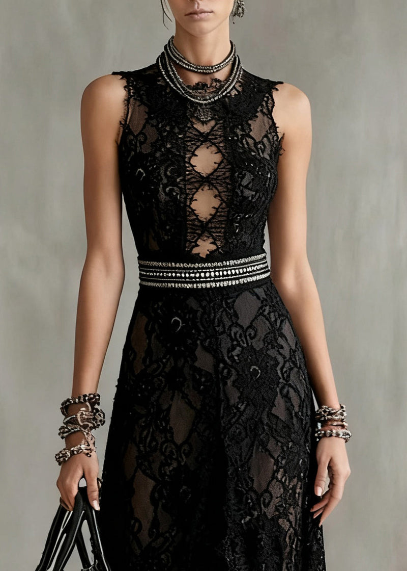 Black Hollow Out Side Open Lace Long Dresses Sleeveless Summer
