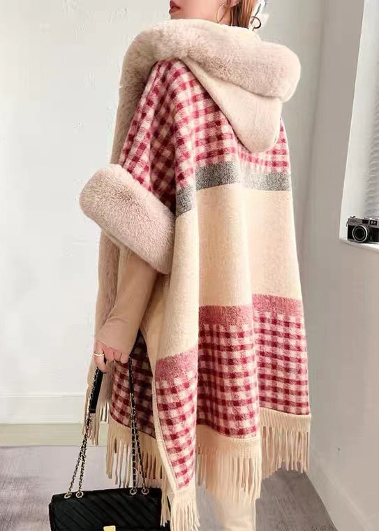 Plaid Hooded Tasseled Patchwork Warm Fleece Cape Coat Half Sleeve