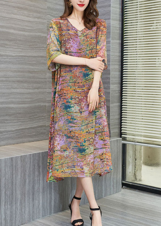 New V Neck Patchwork Chiffon Mid Dress Summer