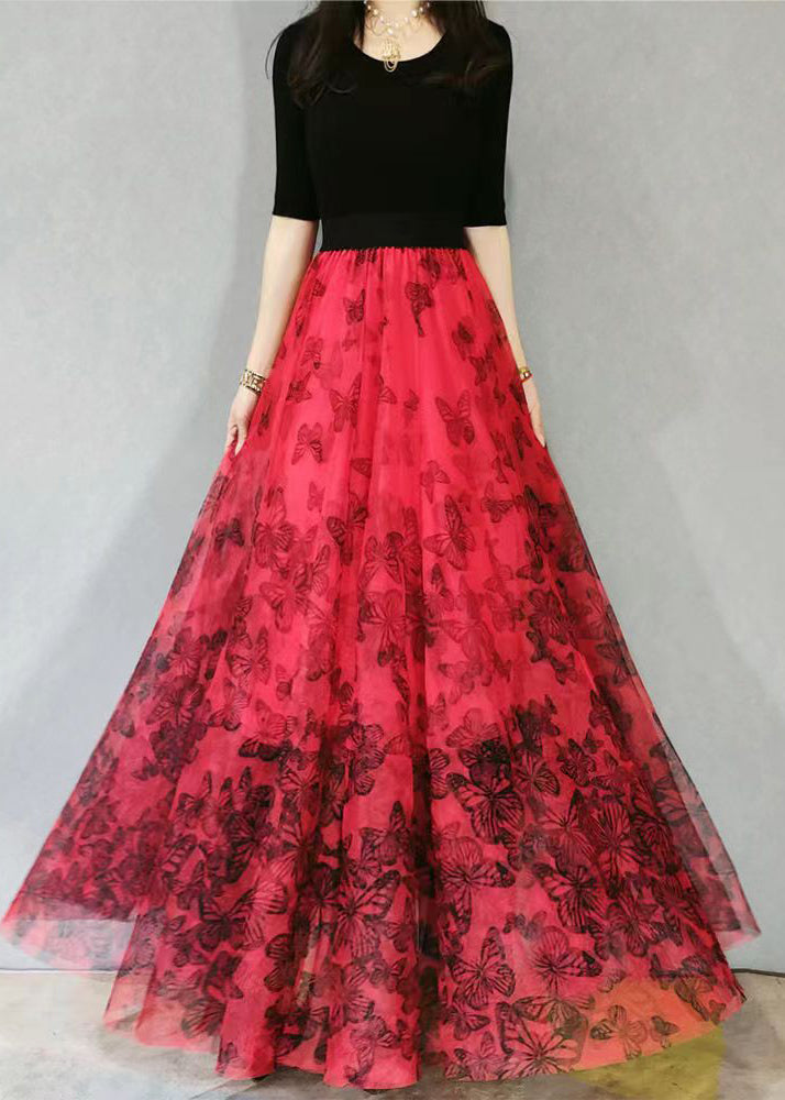 Red Print High Waist Exra Large Hem Tulle Skirts Spring