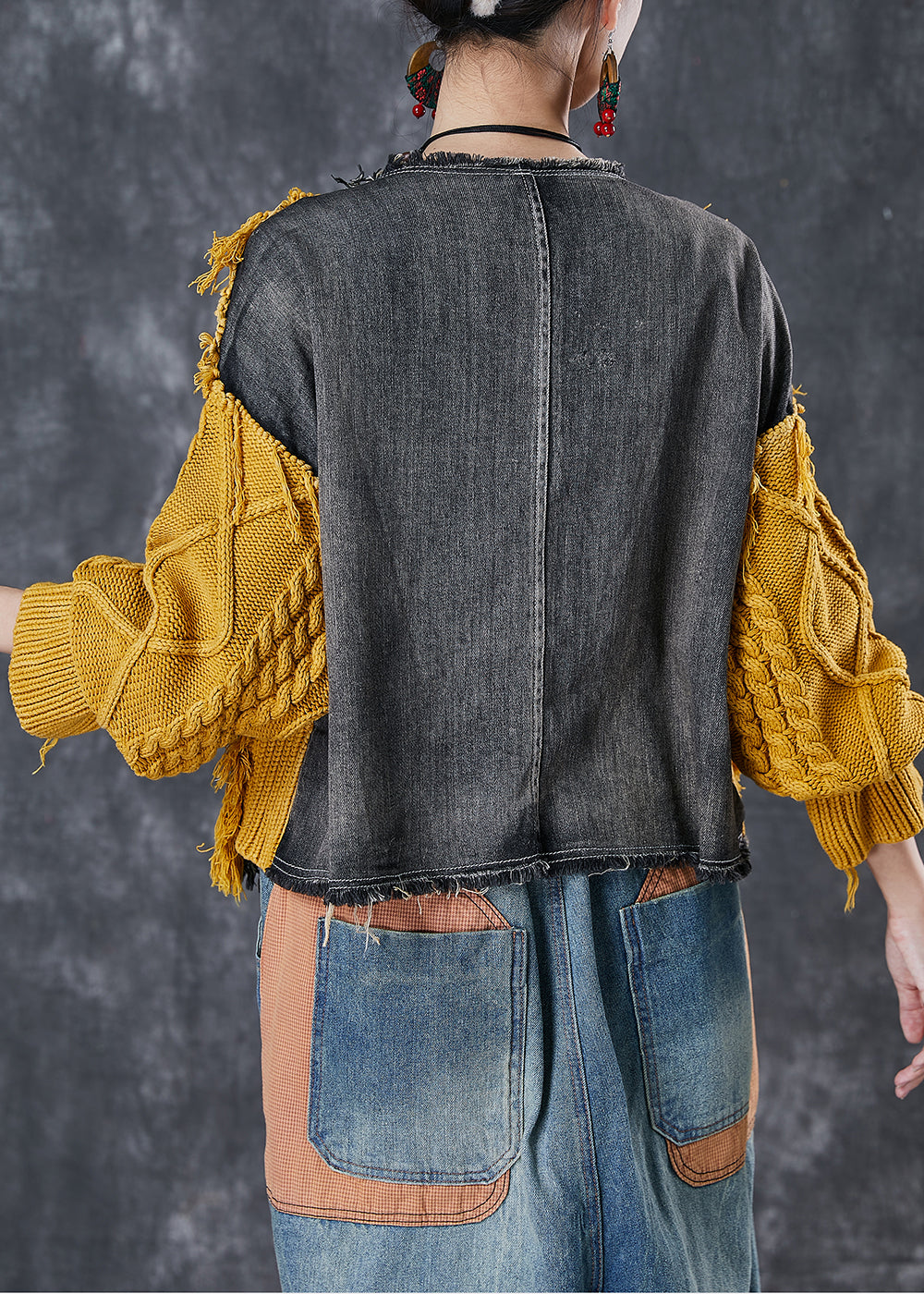 Art Yellow Oversized Patchwork Pockets Knit Sweaters Winter