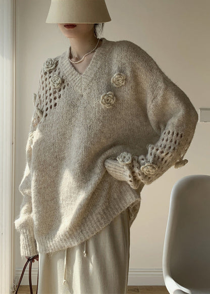 Apricot V Neck Hollow Out Cotton Knit Sweater Winter