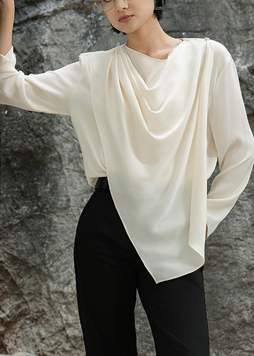 Apricot Asymmetrical Wrinkled Cotton Shirts O-neck