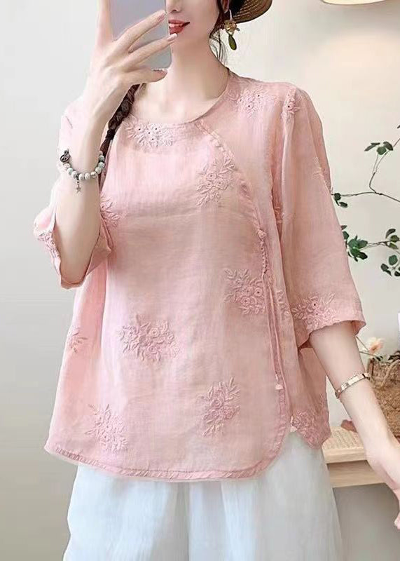 Brick Red Tassel Embroidered Cotton Top Summer