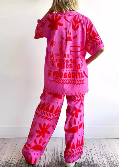 Rose Print Shirts and Wide Leg Pants Two Pieces Set Short Sleeve