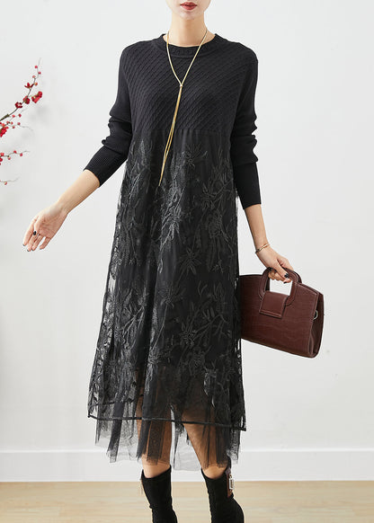 Black Embroideried Tulle Patchwork Knit Long Dress Fall