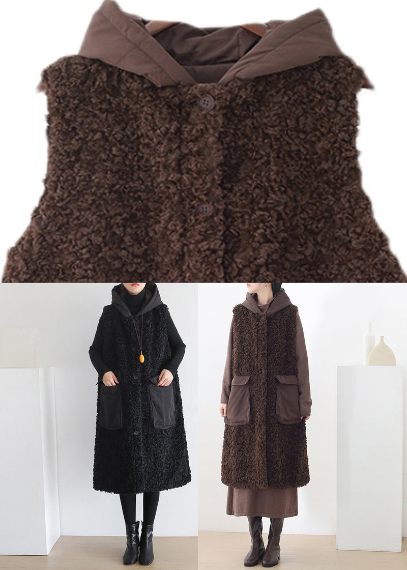 Chocolate Colour Button Woolen Hooded Waistcoat Sleeveless