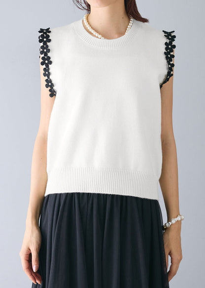 White Patchwork Flower Knit Beach Vest Sleeveless
