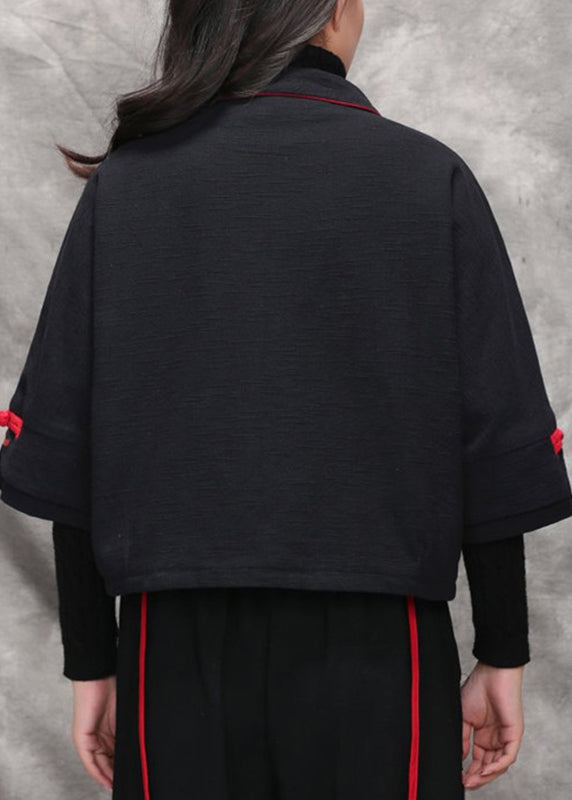 Black Peter Pan Collar Embroideried Coats Long Sleeve