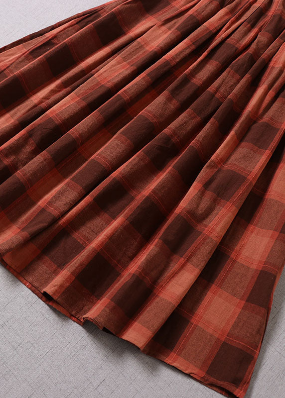 Fine Chocolate Plaid Wrinkled Pockets Cotton Skirt Spring