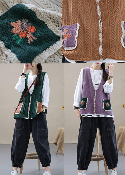 Style Khaki Embroideried Pockets Fall Shirt Knit Vest Sleeveless