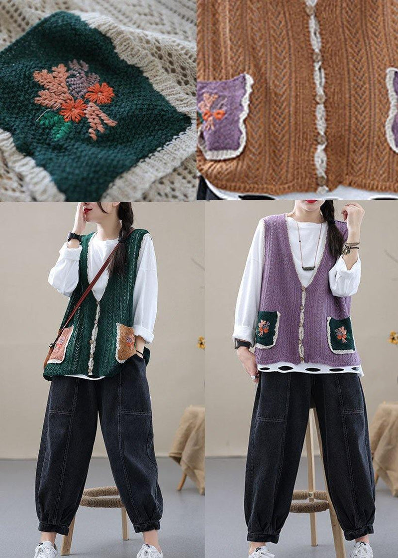 Style Khaki Embroideried Pockets Fall Shirt Knit Vest Sleeveless