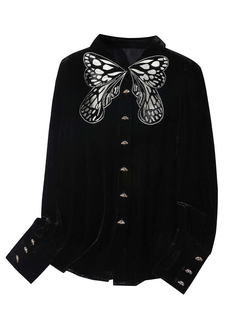 Diy Blackish Green Butterfly Peter Pan Collar Silk Velour Shirt Long Sleeve