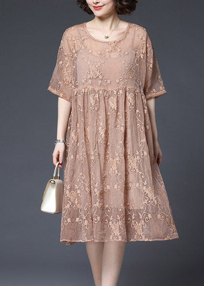 Style Pink O-neck Embroidery Wrinkled Lace Dress Two Piece Set Short Sleeve
