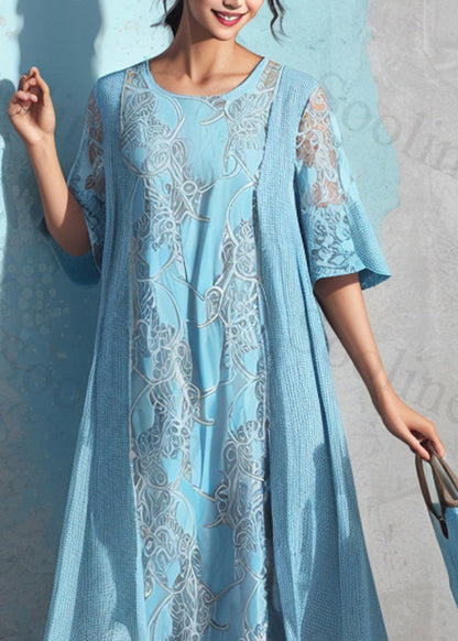 Natural Blue O Neck Print False Two Pieces Silk Dresses Summer