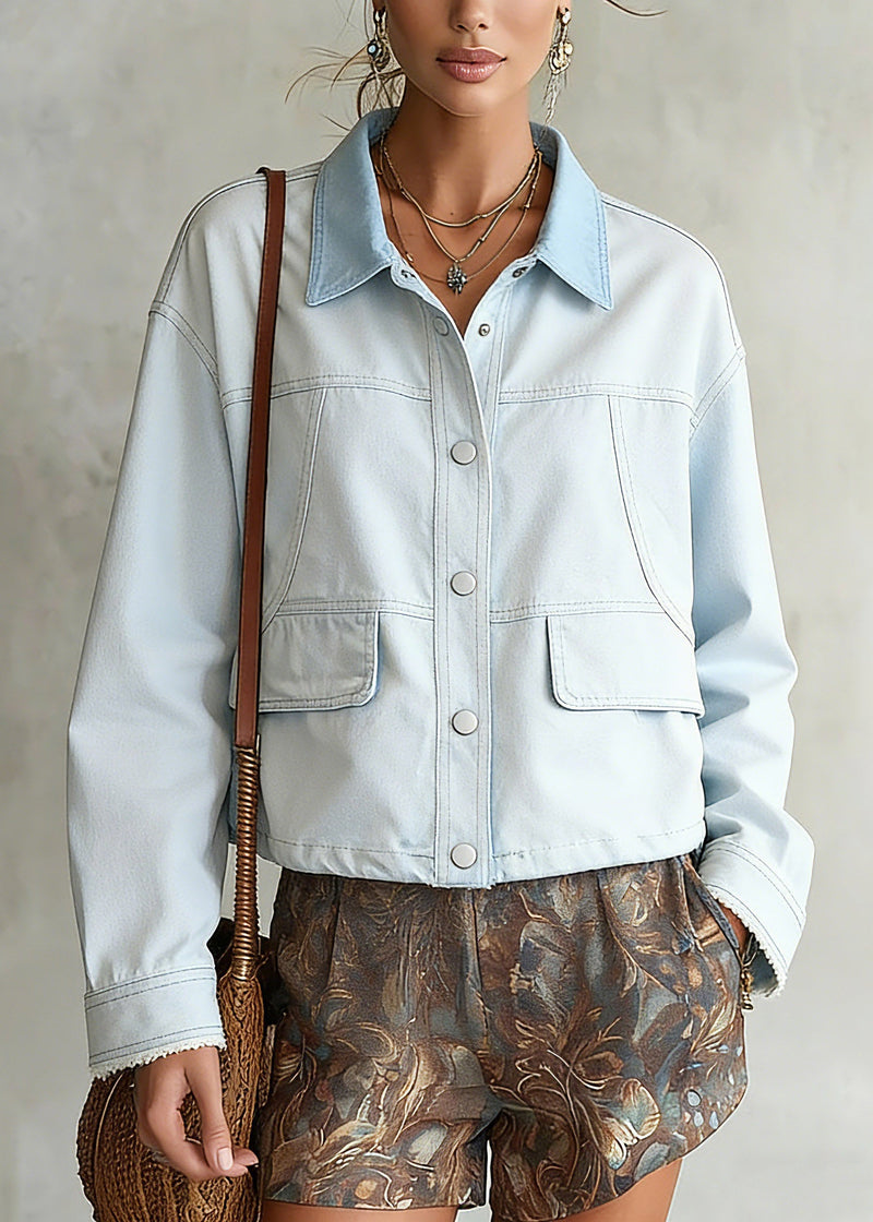 Simple Light Blue Peter Pan Collar Pockets Denim Coat Long Sleeve