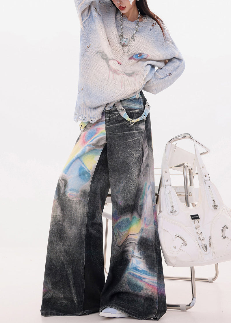 Black Oversized Tie Dye Denim Wide Leg Pants Fall
