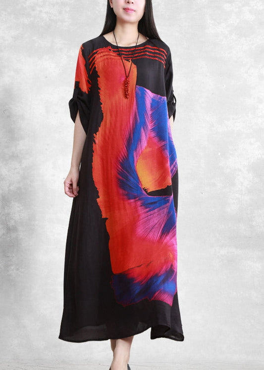 Loose Black O-neck Print Pockets Silk Dress Half Sleeve