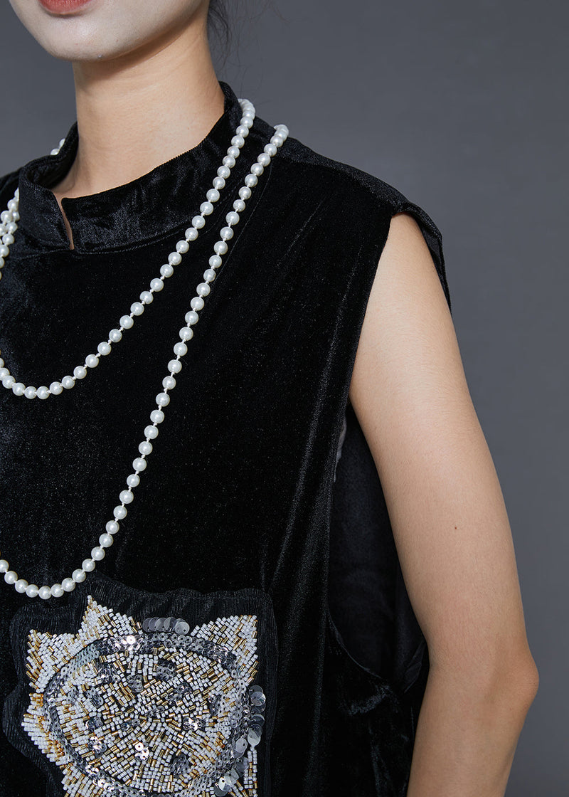 Black Sequins Mandarin Collar Silk Velour Vests Spring