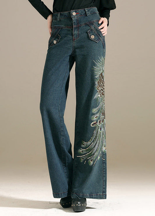 Denim Blue Sequins Embroideried Pockets Cotton Wide Leg Pants Summer