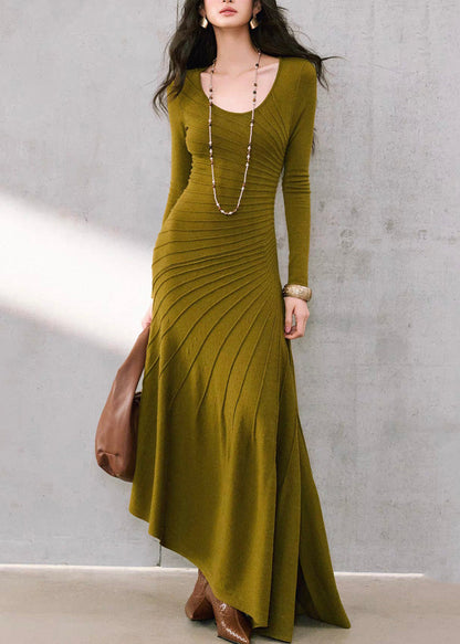 Slim Fit Green O-neck Asymmetrical Maxi Fishtail Dress Long Sleeve