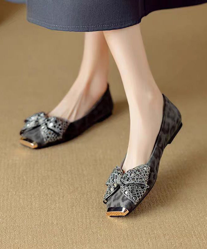 French Grey Suede Bow Zircon Splicing Flat Shoes for