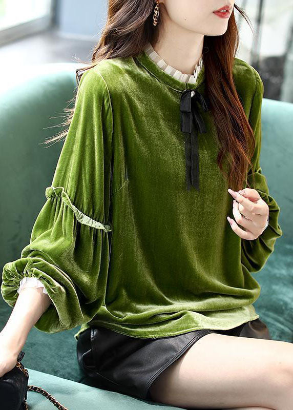 Green Ruffled Patchwork Velour Shirt Top Spring