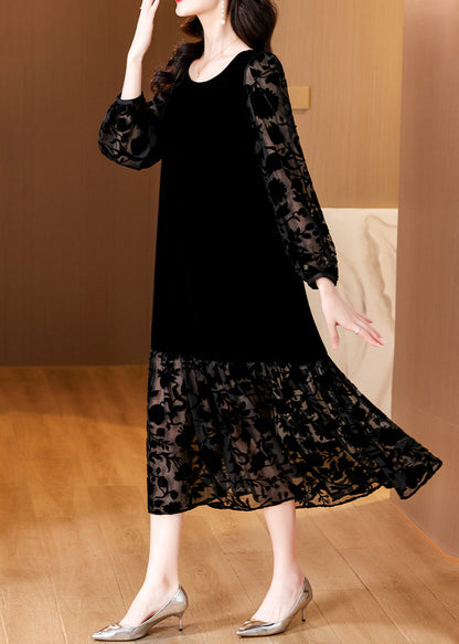 French Black O Neck Pockets Silk Velour Long Dress Spring