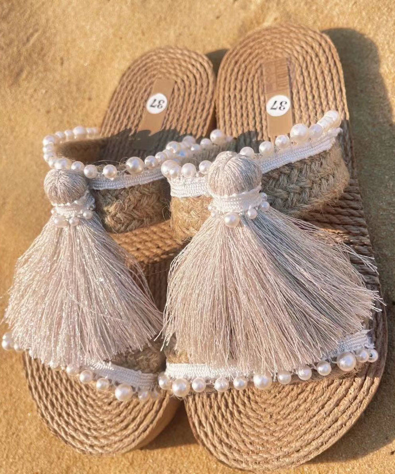 Style Tassel Grass Woven Beach Flat Slide Sandals