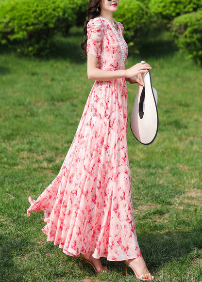 Pink V Neck Print Wrinkled Chiffon Long Dresses Summer