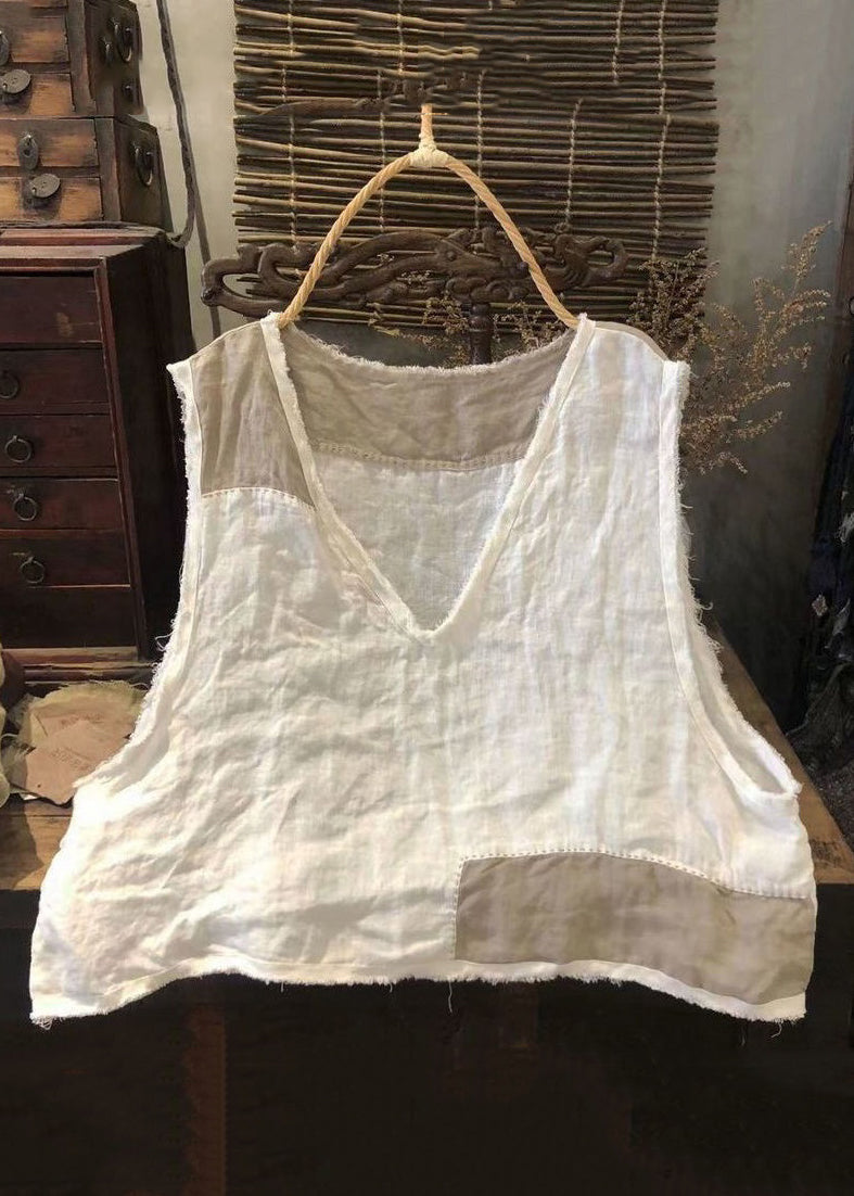 White V Neck Waistcoat and T Shirt Linen Two Pieces Set Spring