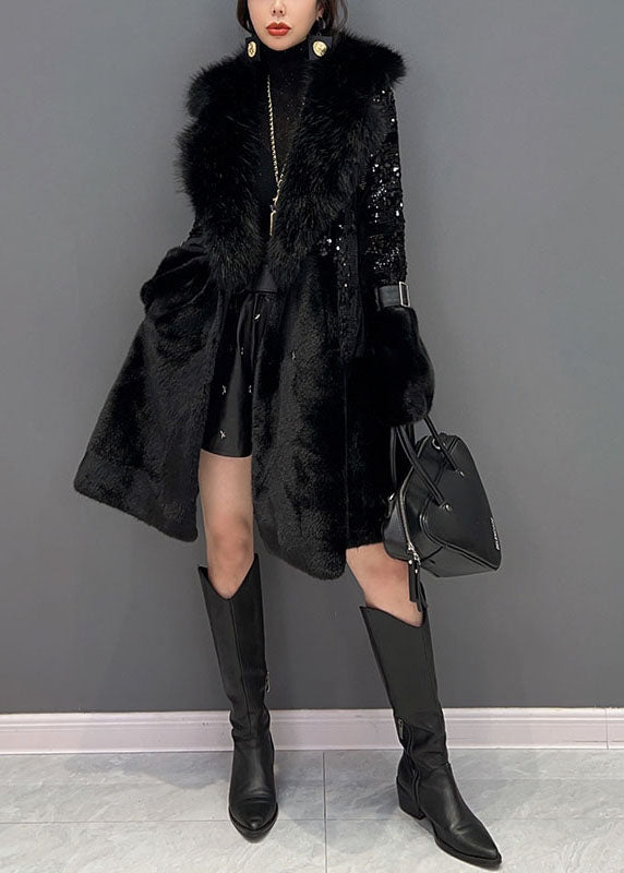 Black Fur Collar Sequins Patchwork Pockets Leather and Fur Coats Winter