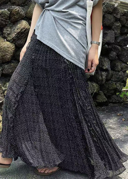 Loose Black Ruffled Print Chiffon a Line Skirts Fall